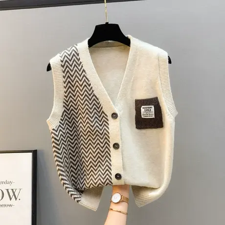 2023年新款早秋新款无袖V领外搭上衣女洋气单排拼色针织衫女马甲商品大图