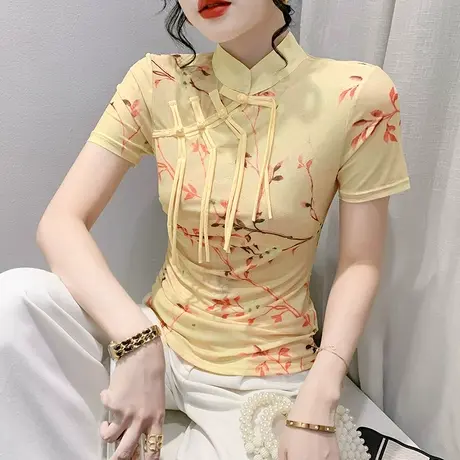 设计感盘扣T恤女短袖复古国潮风夏装立领网纱上衣时尚印花小衫ins商品大图