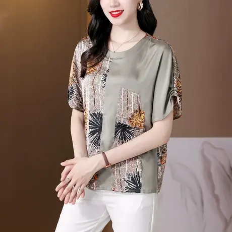 大码别致衬衫2023新款圆领短袖t恤女复古桑蚕丝中年妈妈夏装上衣商品大图