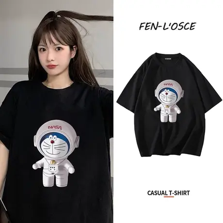 纯棉短袖t恤女夏装2023年新款宇航员宽松美式复古半袖正肩上衣潮商品大图