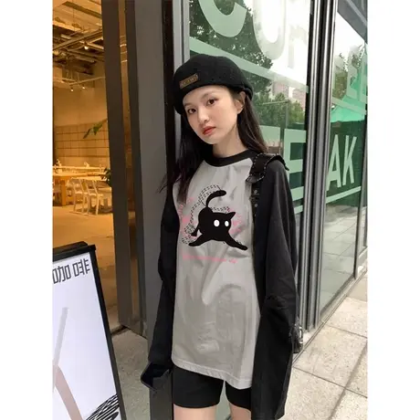 2023秋冬美式长袖打底衫女复古宽松新款拼色插肩袖t恤纯棉上爆款图片