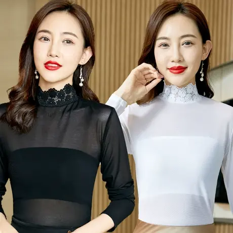 芙黛怡2022新款网纱透视时尚性感打底衫女春秋半高领假领子T恤图片