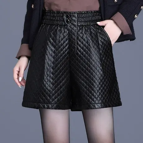 黑色皮短裤女春秋2023新款松紧高腰阔腿裤外穿夹棉靴裤休闲PU皮裤商品大图