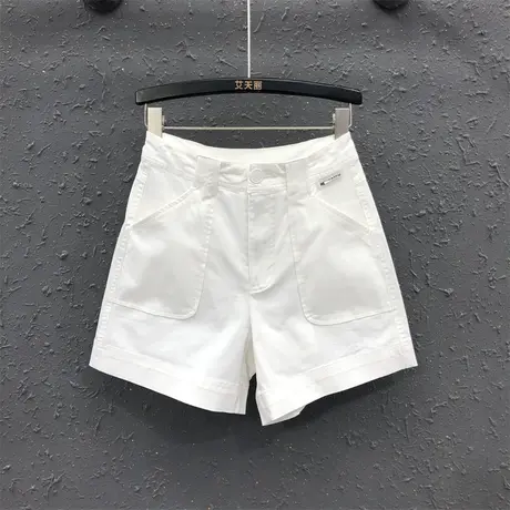 欧货大口袋设计感高腰白色牛仔短裤女2023夏季新款休闲宽松阔腿裤图片