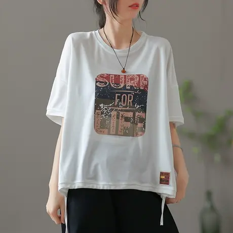 dza复古薄款白色纯棉短袖t恤女士夏季宽松显瘦体恤不规则打底上衣商品大图