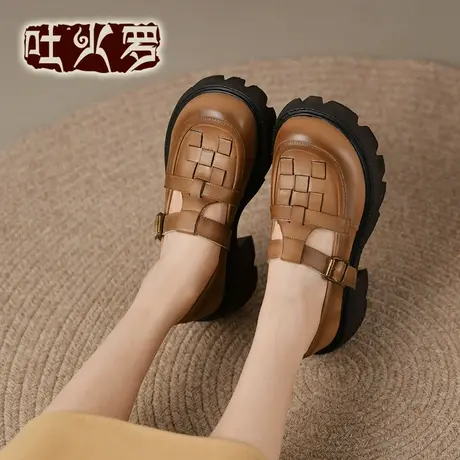 Tokharoi春夏真皮小皮鞋女2022新款方头单鞋小众英伦风猪笼鞋女商品大图