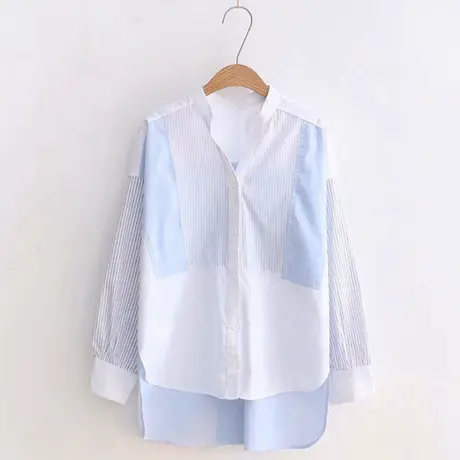 早秋新款韩版拼接宽松立领蓝条纹长袖衬衫女休闲上衣前短后长衬衣图片