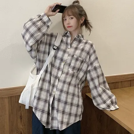 格子衬衫女2021早春新款复古港味设计感小众洋气法式长袖方领上衣图片