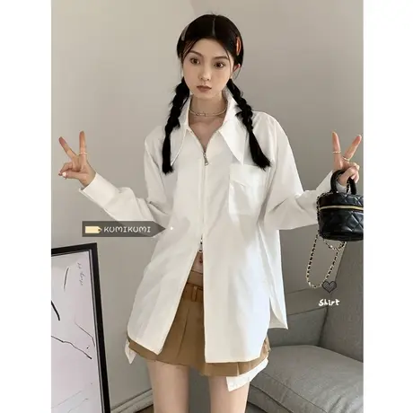 白色衬衫女春装上衣外穿宽松设计感小众法式别致长袖衬衣开衫外套图片