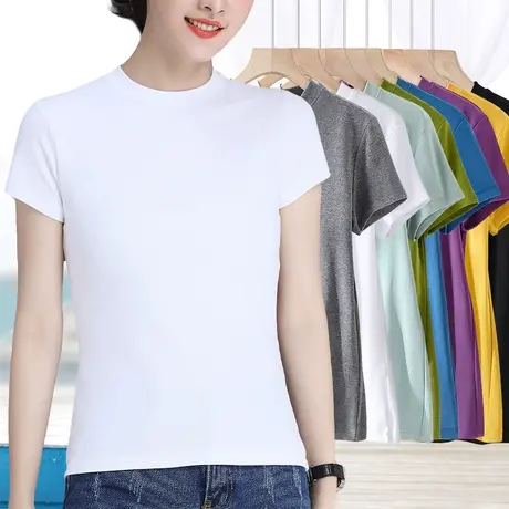 白色短袖t恤女修身显瘦半高领纯色中袖体恤衫黑色短款打底衫夏季商品大图