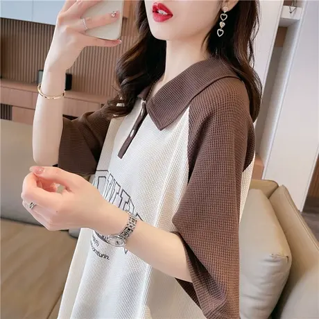 小众设计感短袖t恤女夏季韩版宽松大码女装中长款撞色翻领上衣服图片