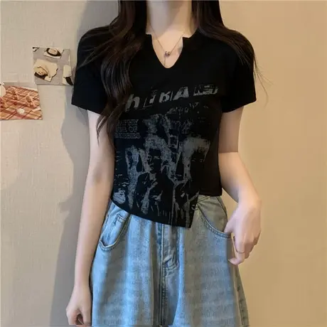 美式复古不规则短袖t恤女夏修身显瘦小个子短款半袖辣妹上衣潮ins商品大图
