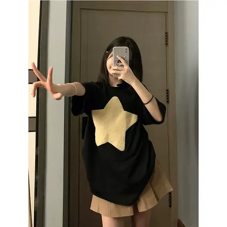 纯棉重磅星星刺绣短袖t恤女ins潮牌夏季设计感宽松半袖大码上衣服图片