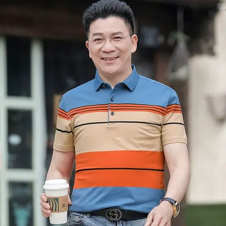 纯棉男t恤爸爸装夏季半袖条纹polo汗衫新款中老年人男士翻领上衣商品大图