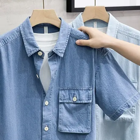 下摆抽绳薄款纯棉日系复古夏季牛仔短袖衬衫休闲简约男士衬衣中袖商品大图