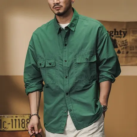 百搭长袖工装衬衫纯色时尚外套男春秋宽松男士衬衫春秋季图片