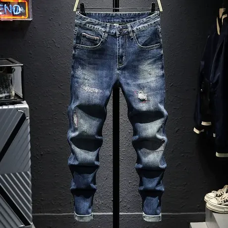 春夏季日系复古做旧潮牌破洞牛仔裤男修身小脚百搭男士蓝色长裤子图片