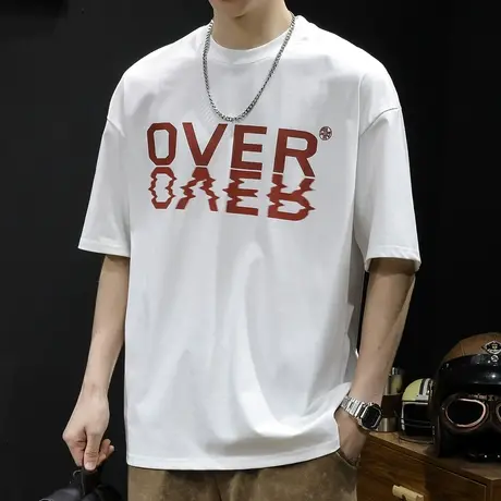 白色短袖t恤男士宽松大码潮牌夏季2023新款男装重磅体恤男款圆领商品大图