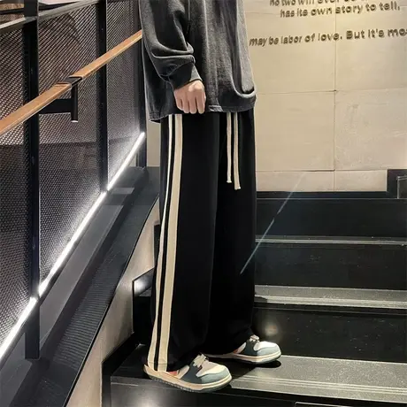 运动卫裤男春夏季港风潮流百搭坠感直筒裤学生侧边条纹阔腿长裤子商品大图