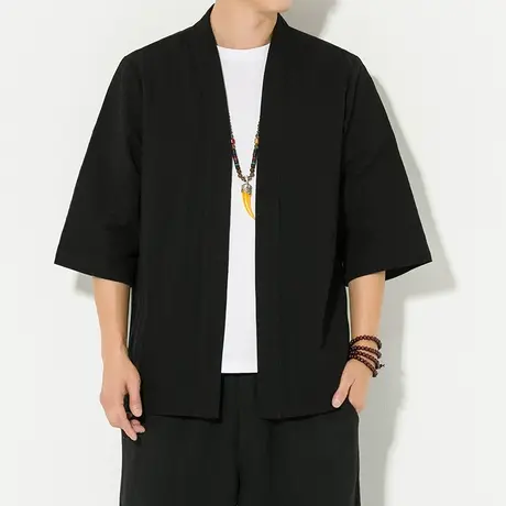 秋季宽松棉麻半袖中式开衫外套男中国风禅修道袍汉服对襟禅服披风图片