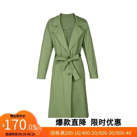 【艾格】2023春季新款西装领牛油果绿风衣女淑女系带中长款外套商品大图