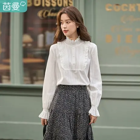 茵曼2023春女装新款时尚前片破缝结构设计精致打揽立领长袖衬衫图片