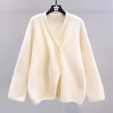 不规则V领水貂绒毛衣外套女秋冬2023新款宽松慵懒风软糯针织开衫图片