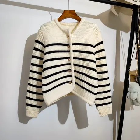 条纹撞色针织开衫女2023秋冬新款宽松时尚气质短款小个子毛衣外套商品大图