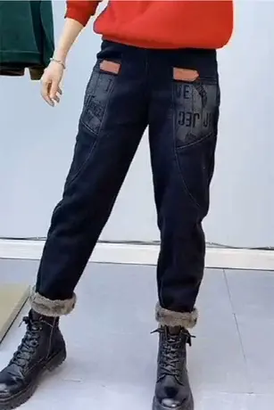 欧洲站高弹力松紧腰贴标牛仔哈伦裤女士2023新款时尚宽松加绒裤子图片