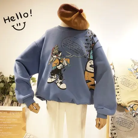 2019秋冬韩国东大门ulzzang港风嘻哈宽松街舞兔子加绒厚卫衣大码商品大图