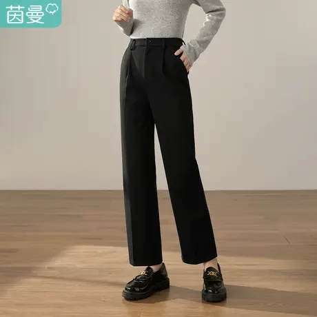 【商场同款】茵曼2022冬女装新款简约针织呢暗格纹百搭宽松直筒裤商品大图
