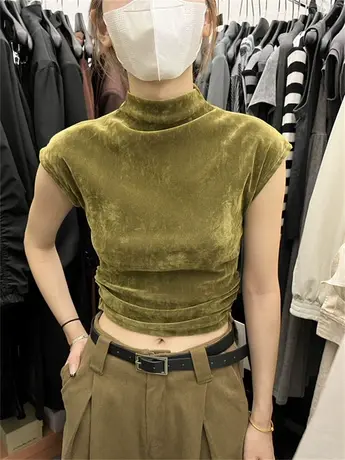 十三行2023早秋装新款韩版丝绒高领短袖t恤女修身显瘦短款上衣潮商品大图