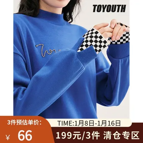 TOYOUTH初语卫衣女冬季新款假两件棋盘格袖口半高领显瘦上衣商品大图