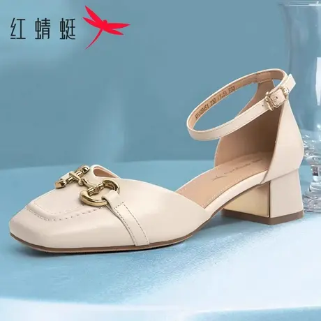 红蜻蜓女鞋夏季一字扣带粗跟真皮中空凉鞋女士百搭包头中跟时装鞋商品大图