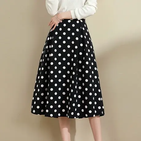 【1件7.9折】冬装新品时尚百搭A字伞裙优雅修身中长款波点半身裙图片