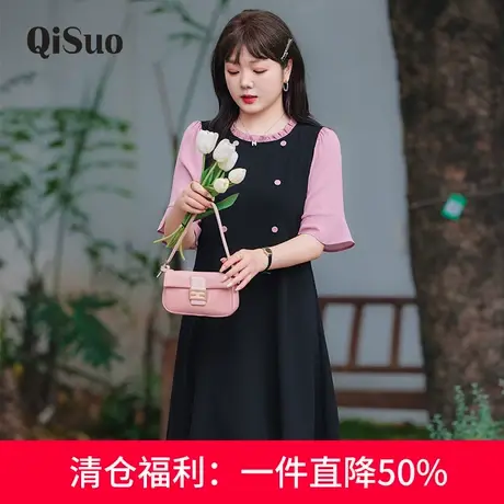 大码女装2024年夏装新款法式气质胖妹妹收腰显瘦荷叶袖A字连衣裙图片