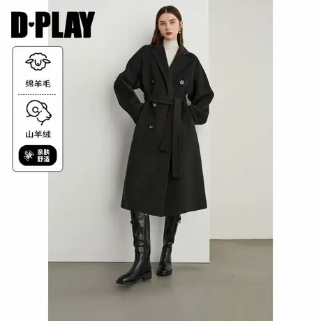 DPLAY【黑标】年冬季黑色大衣羊毛羊绒混纺长款毛呢外套女商品大图