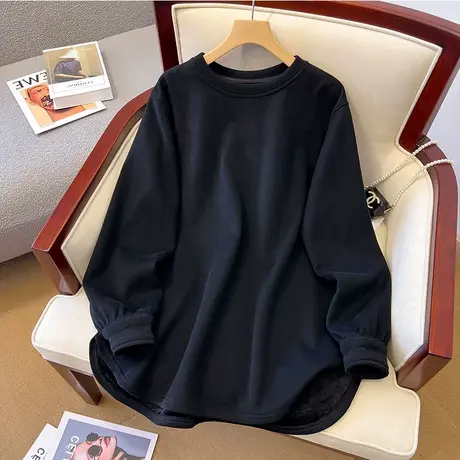 胖mm大码加绒打底衫美式复古圆领黑色卫衣女不规则秋冬季休闲上衣商品大图