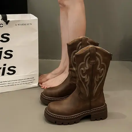 法式复古西部牛仔靴女2025年新款秋季小个子中筒靴厚底高级马丁靴商品大图