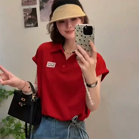 独特超好看复古法式蕾丝红色短袖T恤宽松小个子POLO衫上衣娃娃衫商品大图