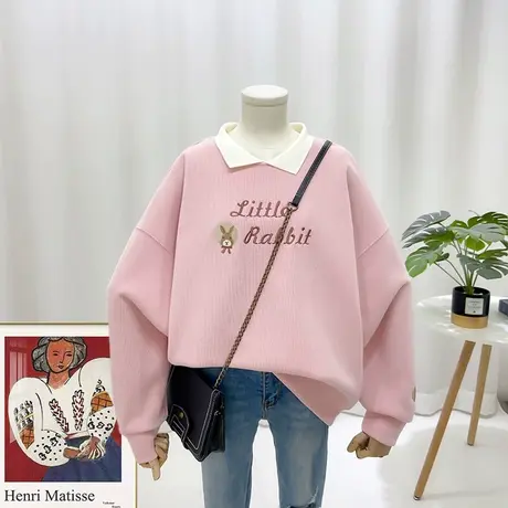 2023春秋季韩版宽松刺绣兔子字母女士POLO领女士减龄卫衣2506洋气图片