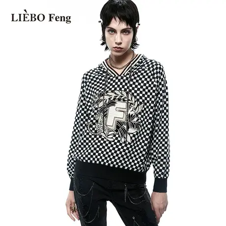 裂帛LIEBOFeng设计师品牌ins黑白棋盘格时髦高街学院风连帽针织衫图片