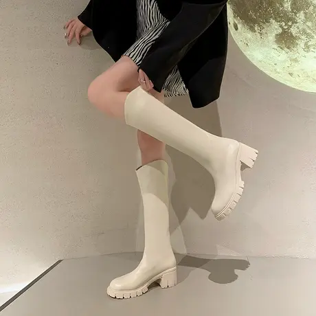 长筒靴女夏季2023年新款复古英伦风不过膝长靴防滑粗跟显瘦骑士靴图片