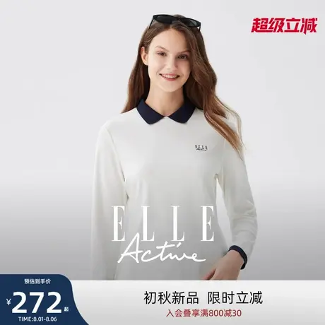 ELLE Active高智穿搭户外休闲米白色长袖t恤女高尔夫运动翻领上衣商品大图