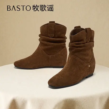 【李佳琦直播间】百思图真皮西部堆堆靴通勤棕色女短靴C7022DZ5Z商品大图