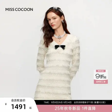 MISSCOCOON可可尼白色蛋糕裙女2025冬季新款法式蕾丝长袖连衣裙图片