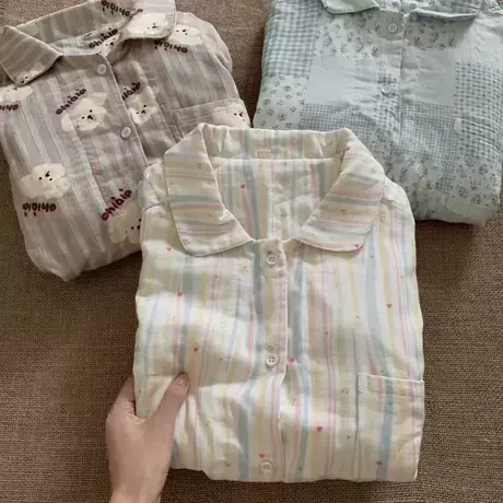 新品！A类纯棉双层纱布小翻领长袖长裤睡衣套装可外穿家居服商品大图