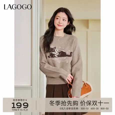 LAGOGO美拉德喵影慵懒圆领针织衫女拉谷谷2025冬季新款含羊毛毛衣商品大图