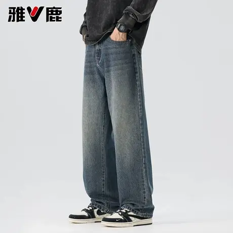 雅鹿宽松直筒阔腿牛仔裤男2026春季新款复古潮牌时尚休闲弯刀长裤图片