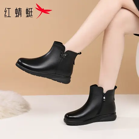 红蜻蜓冬季女鞋平底靴子女中筒短靴真皮加绒加厚软底妈妈棉靴皮鞋图片